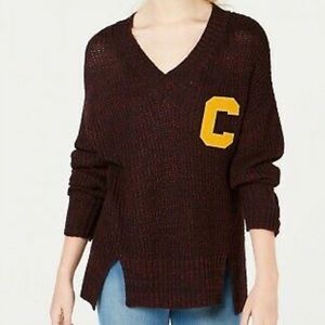 V Neck Letter Patch Varsity Sweater